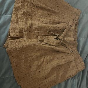 Brown Textured Tie-Waist Shorts